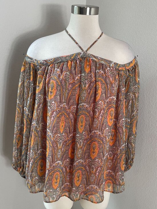 NEW Ann Taylor Factory Womens Large Off The Shoulder Blouse Paisley Boho Shirt - Picture 1 of 9